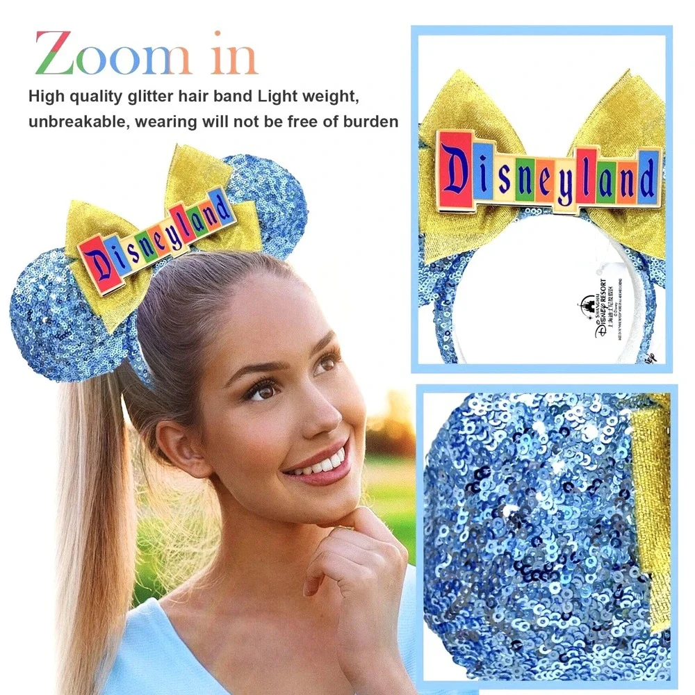NEW! Disney Parks Sequin Disneyland Marquee Sign Minnie Ears Bow Headband Blue